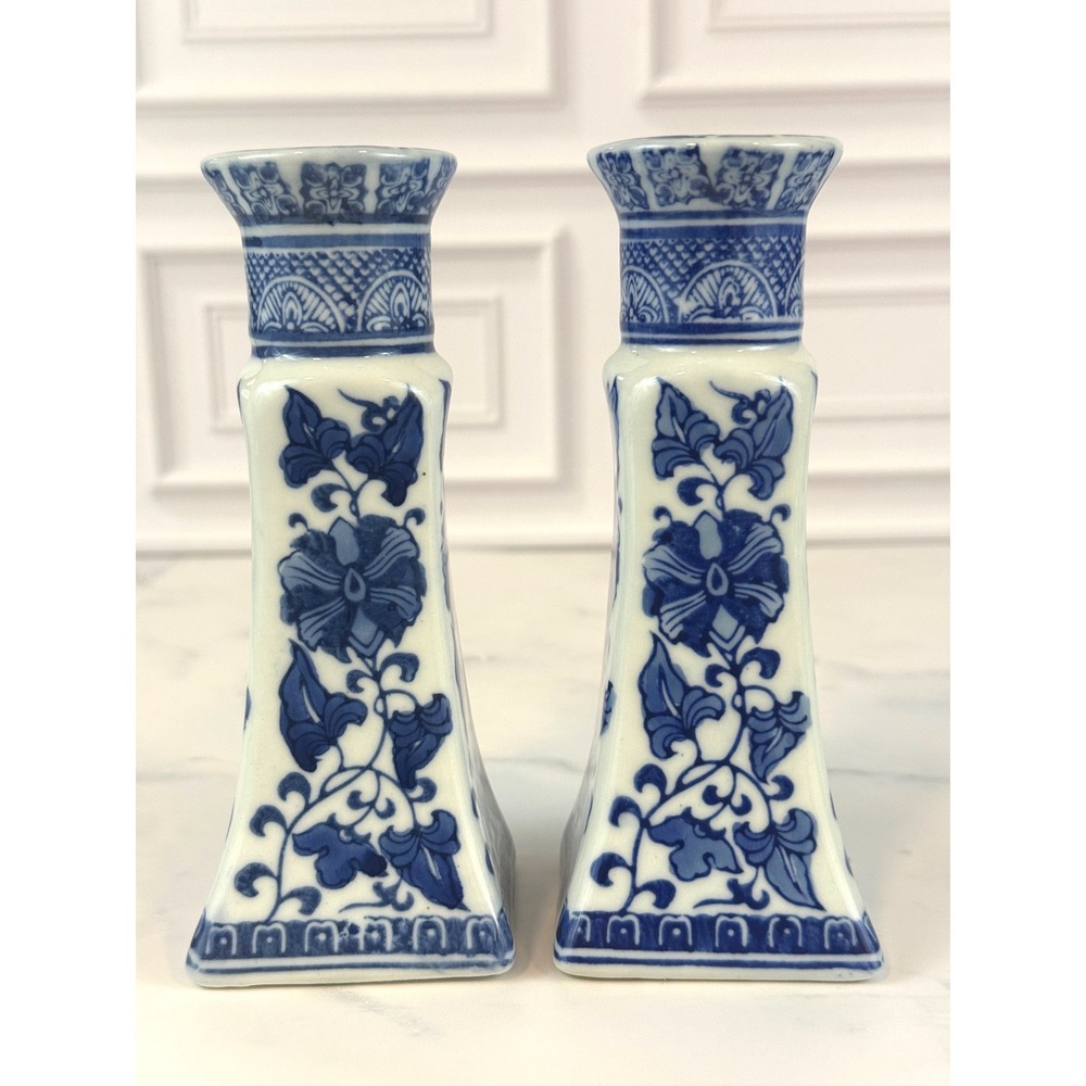 VTG PAIR (2) Blue and White Floral Chinoiserie 6" Ceramic Candlesticks